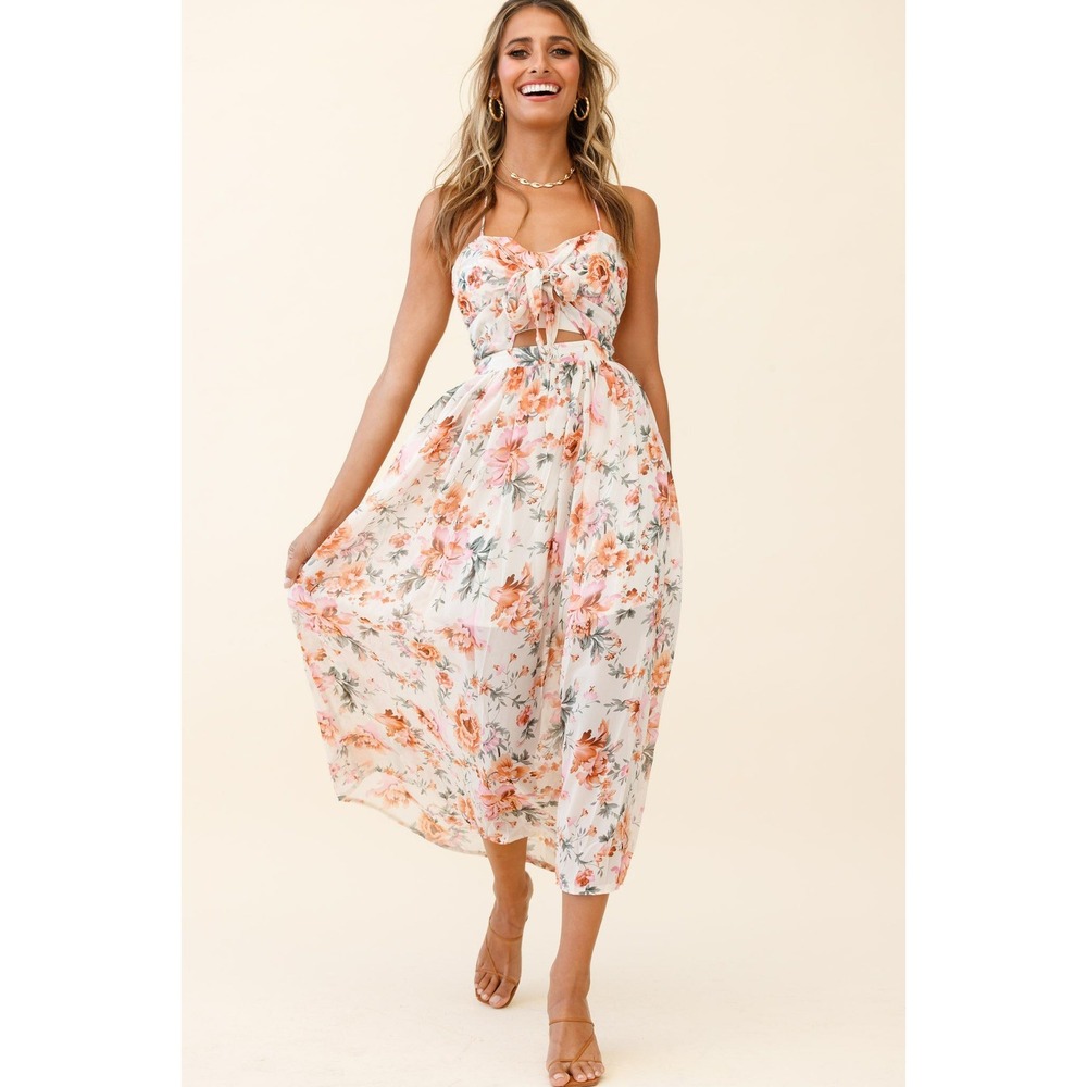 Here Comes the Sun Los‎ Feliz Floral Maxi Dress Halter Tie Bust White Orange XS